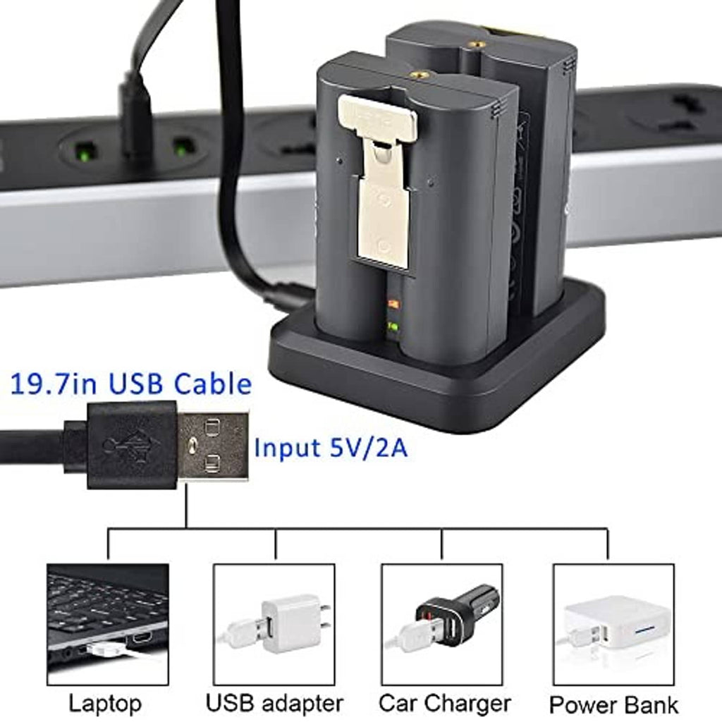 Charging dock with two batteries seated and USB cable connected to base