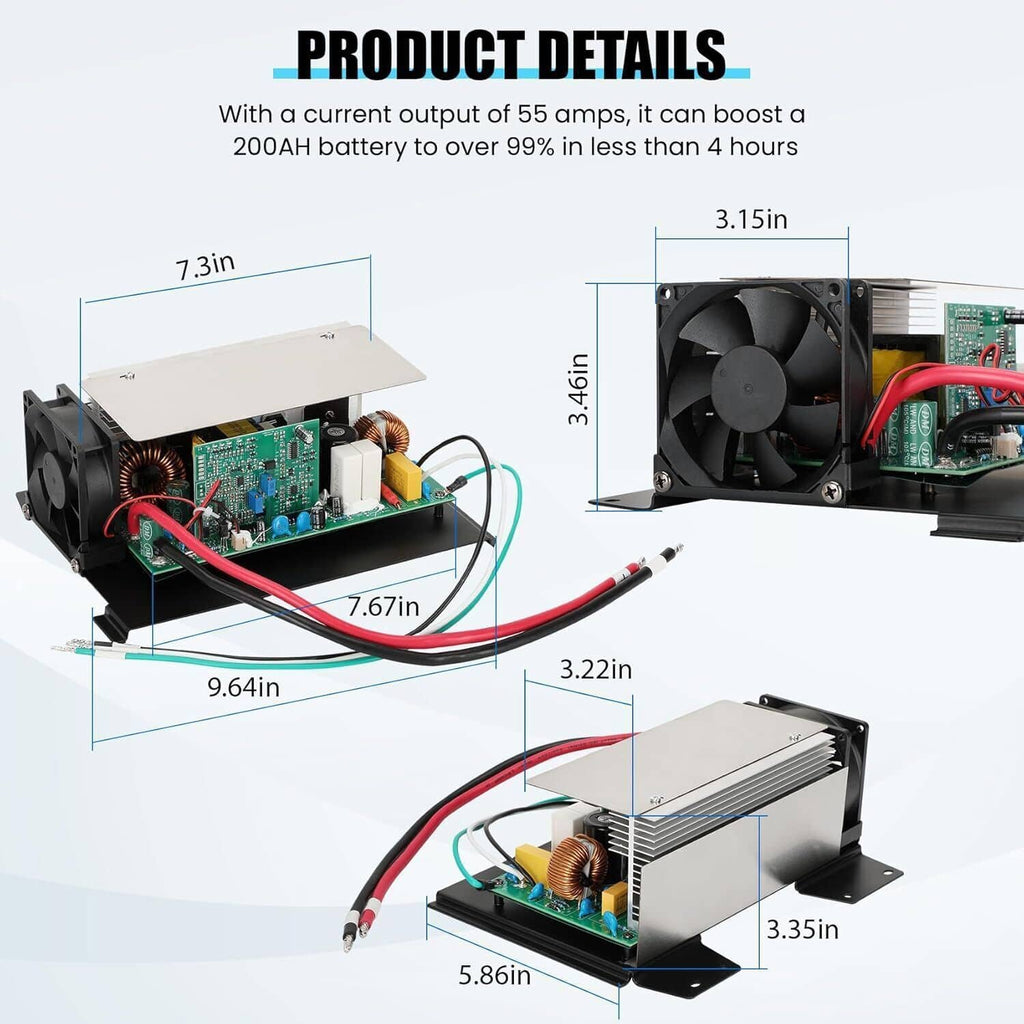 RV power converter unit with circuit board, copper coils, and integrated cooling fan.