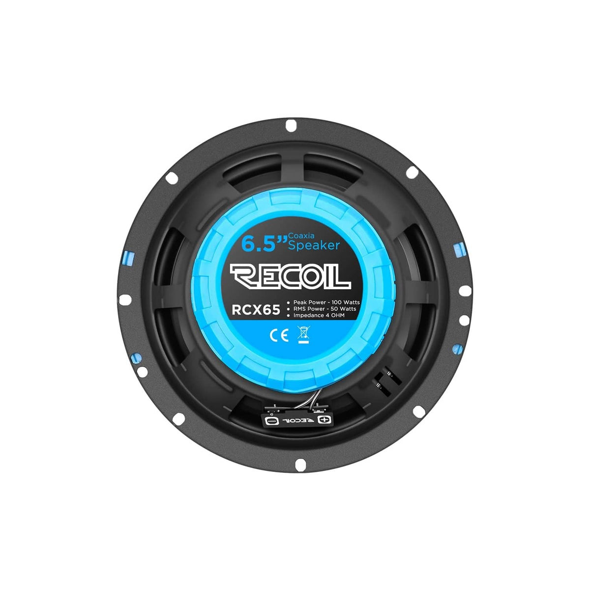 Rear view of 6.5-inch car coaxial speaker with blue label and black mounting frame