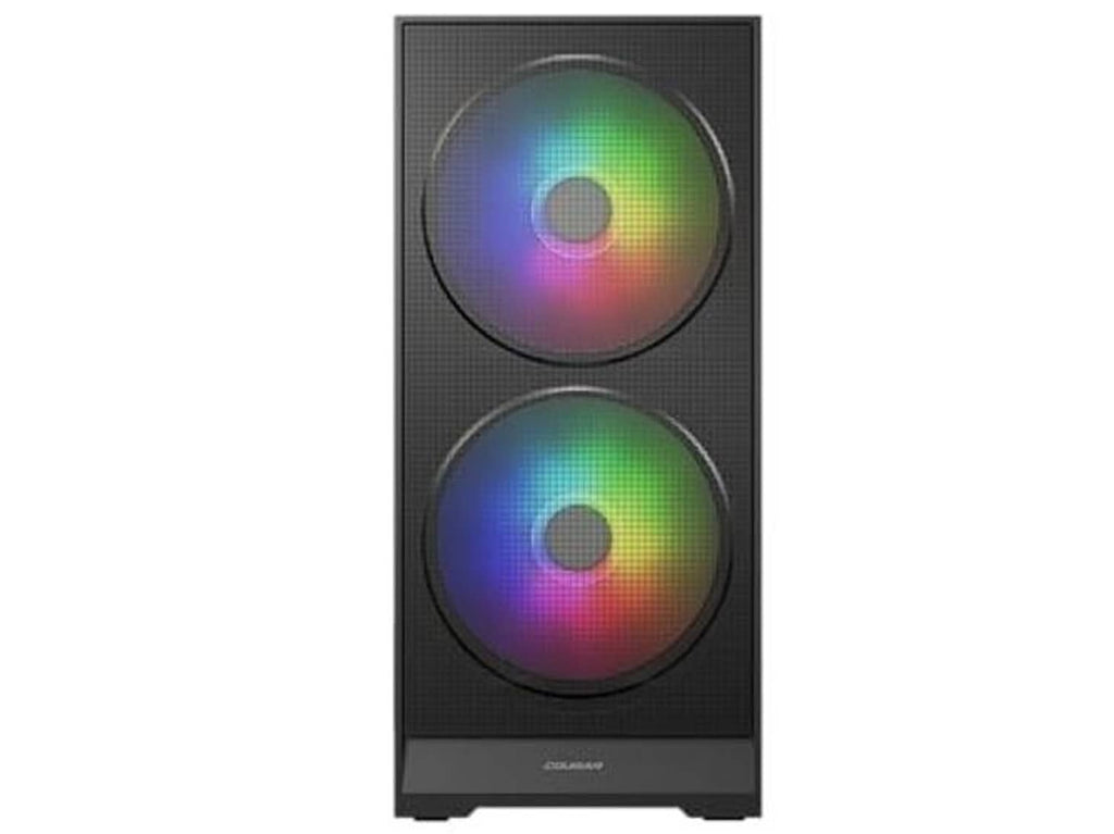 Black ATX mid-tower case front with two rainbow RGB fans