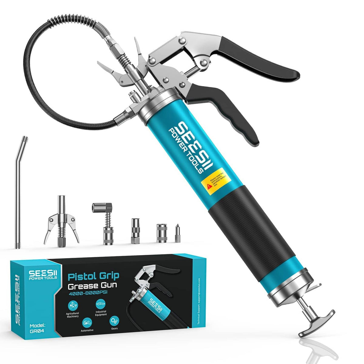 Blue pistol-grip grease gun with flexible hose and quick-release coupler