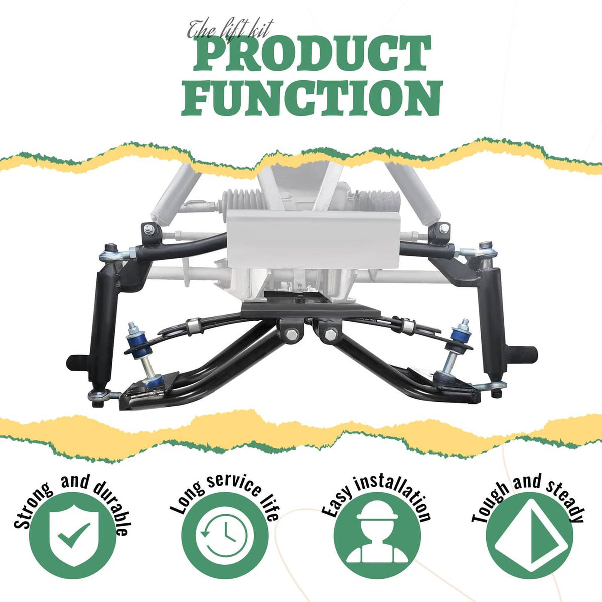 Installed front A-arm lift kit with black control arms and coil-over-style mounts