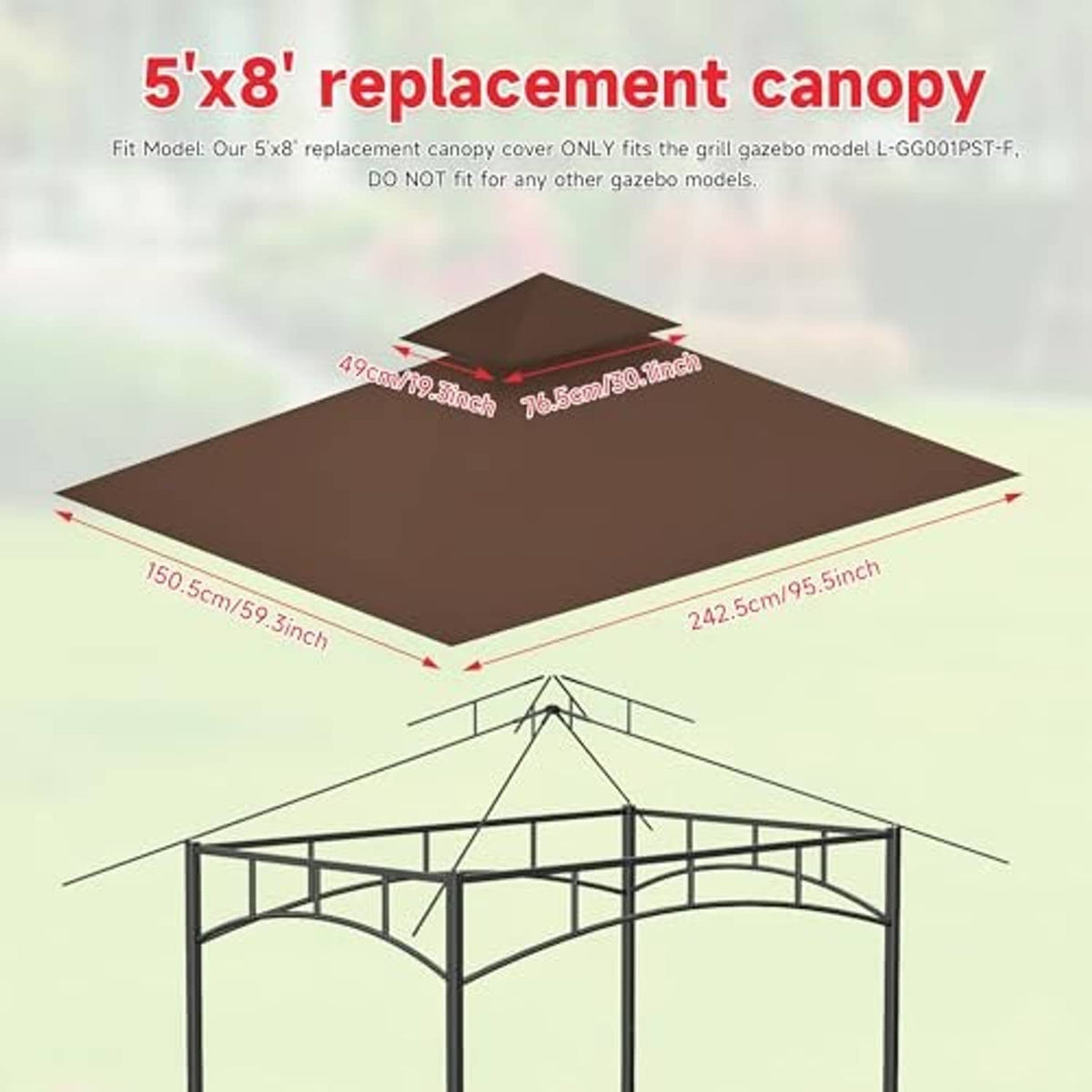 Coffee-brown 5x8 ft replacement canopy top with reinforced roof seams