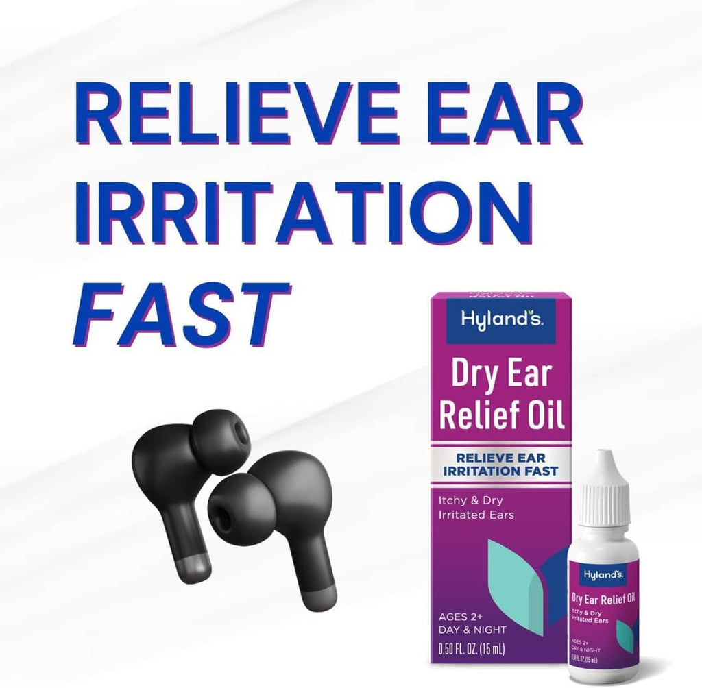 Ear relief oil box and small dropper bottle with dark earbud hearing-aid shapes