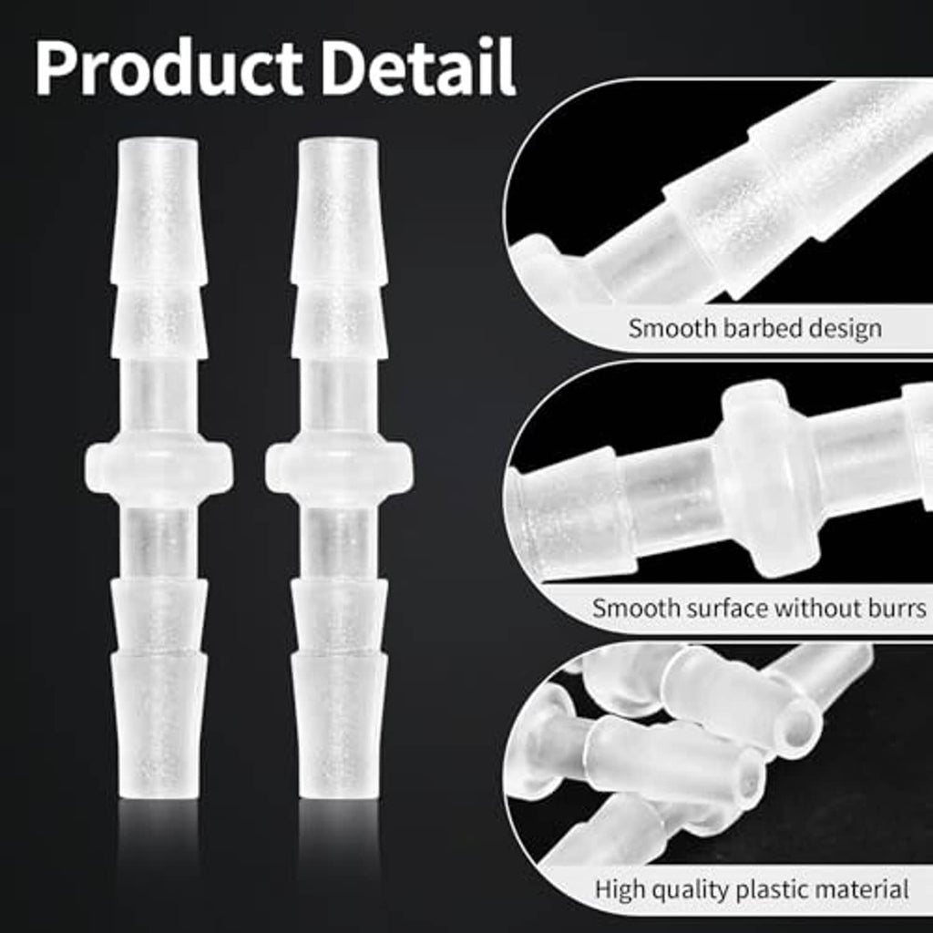 Clear plastic barbed hose connector with smooth surface and short grip barbs
