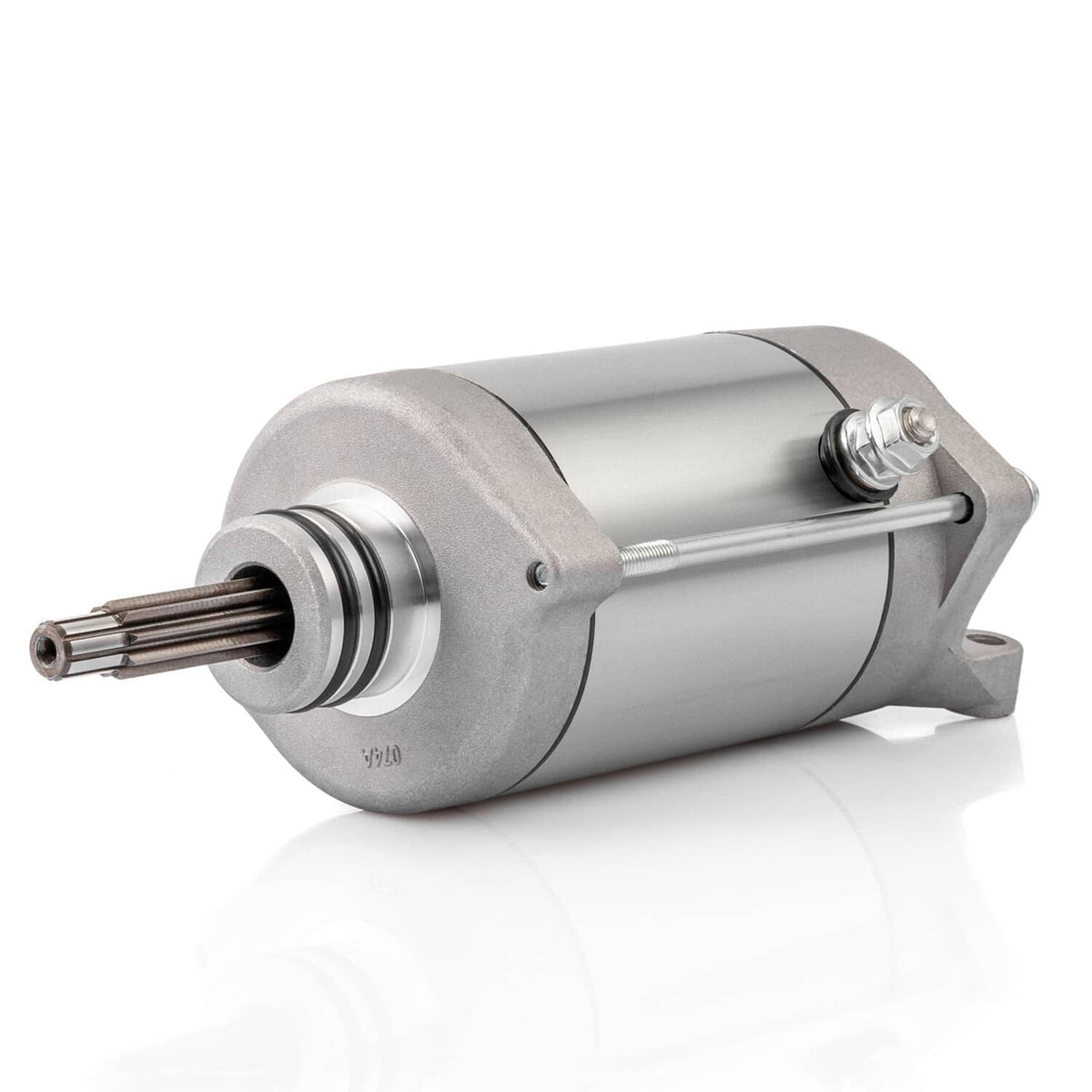 Silver starter motor with front output shaft and two mounting points, side perspective
