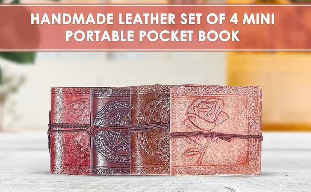 Embossed leather mini pocket notebook set with rose and medallion designs, tied closures