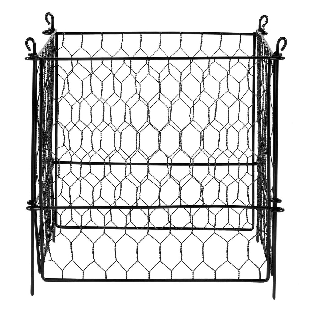 Black rectangular metal plant cage with front hex wire mesh and hanging hooks