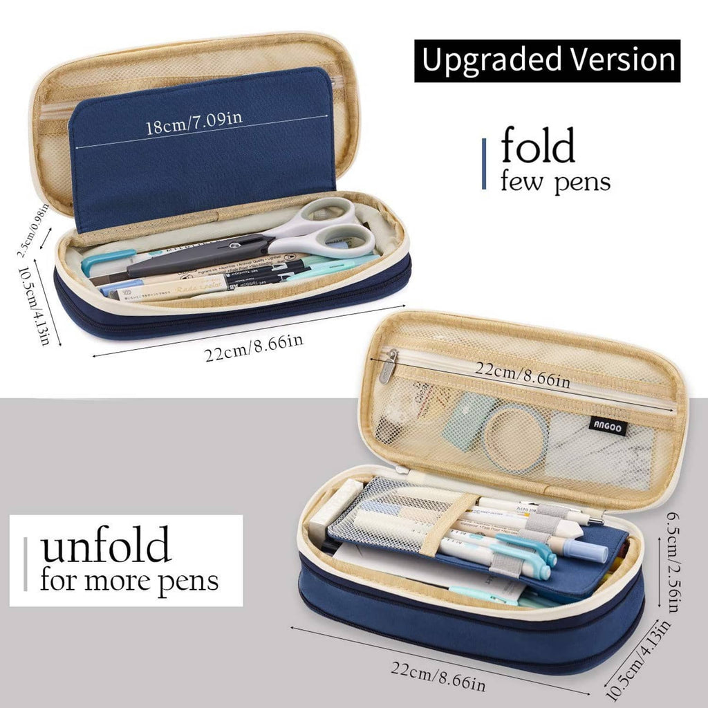Blue and beige foldable pencil case with clear window, storing pens and stationery