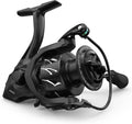 Black spinning fishing reel with curved handle and braided line spool roller