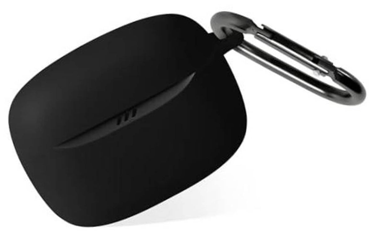 Black silicone earbuds case with keychain clip, soft flexible protective cover.
