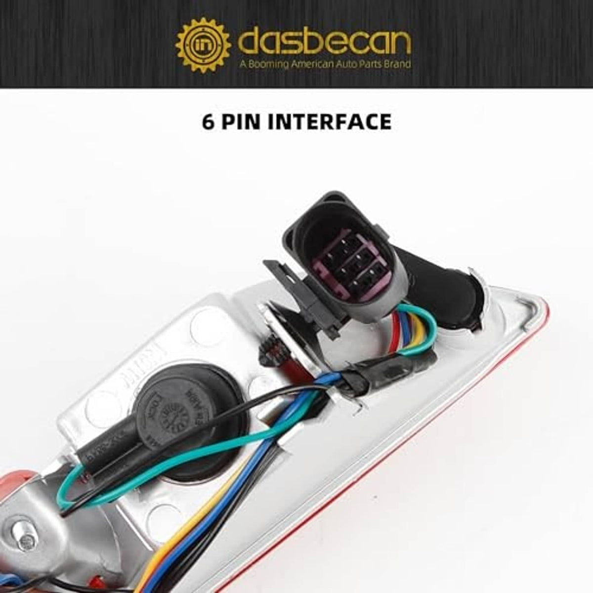 Left rear lamp connector harness with 6-pin plug and colored wiring