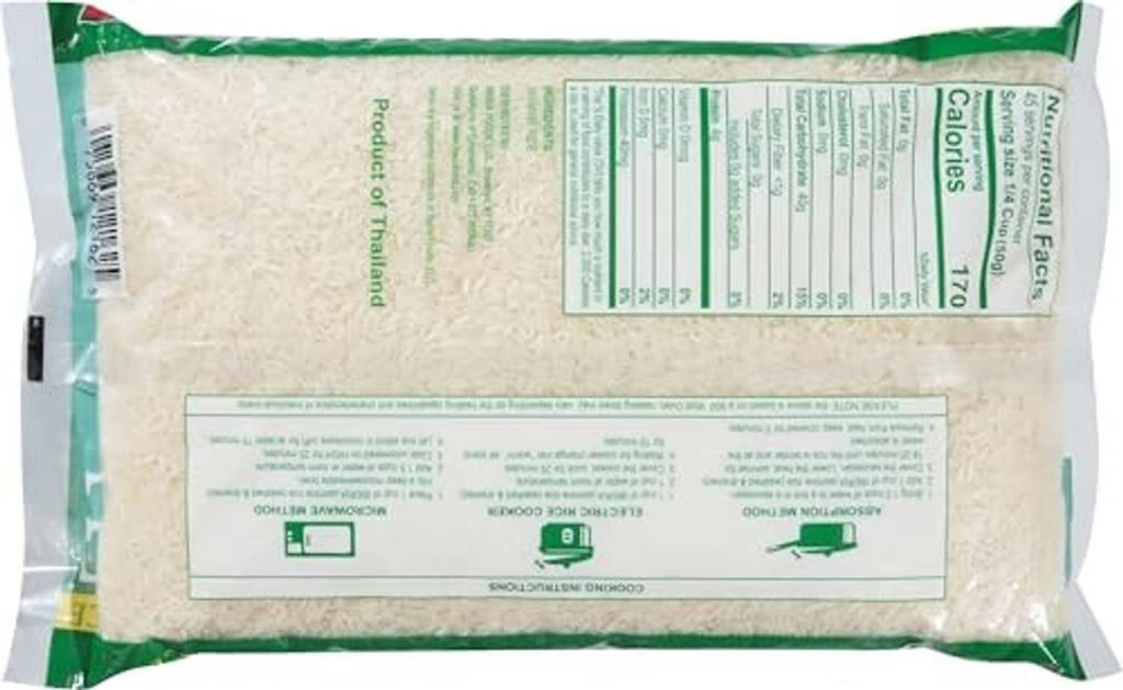 Back of jasmine rice bag with ingredients text and barcode