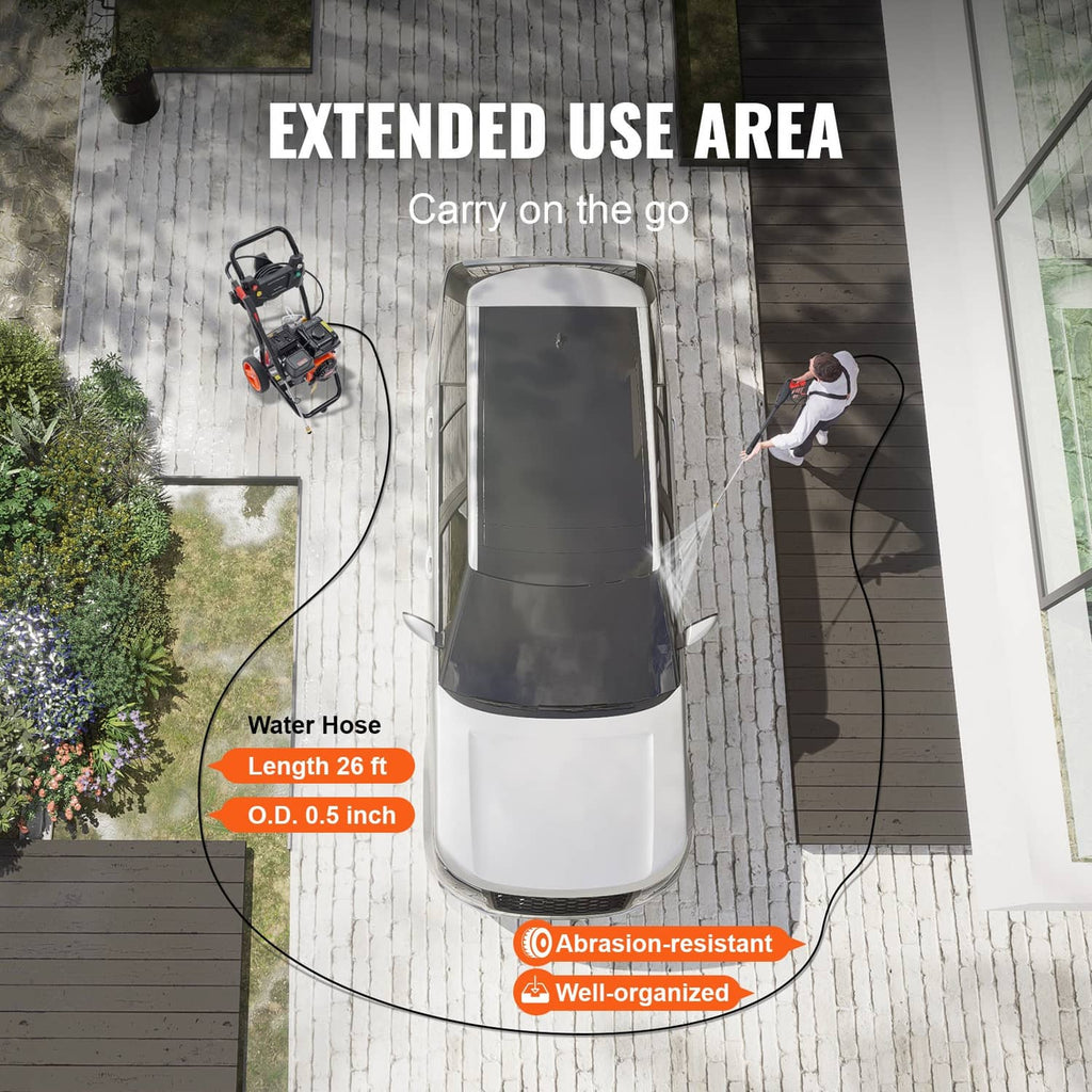 Gas pressure washer unit with hose attachment, white body and black top