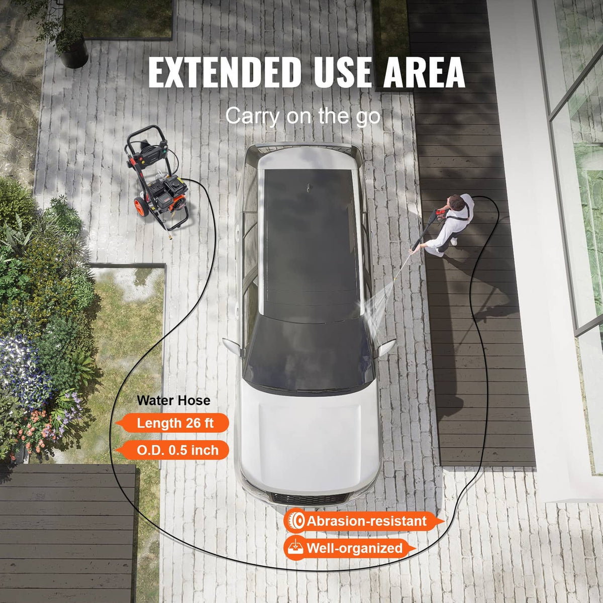 Gas pressure washer unit with hose attachment, white body and black top