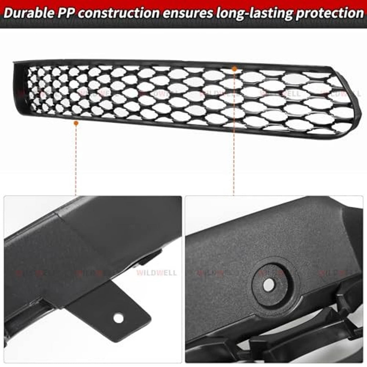 Front lower grille with honeycomb mesh and black plastic mounting points