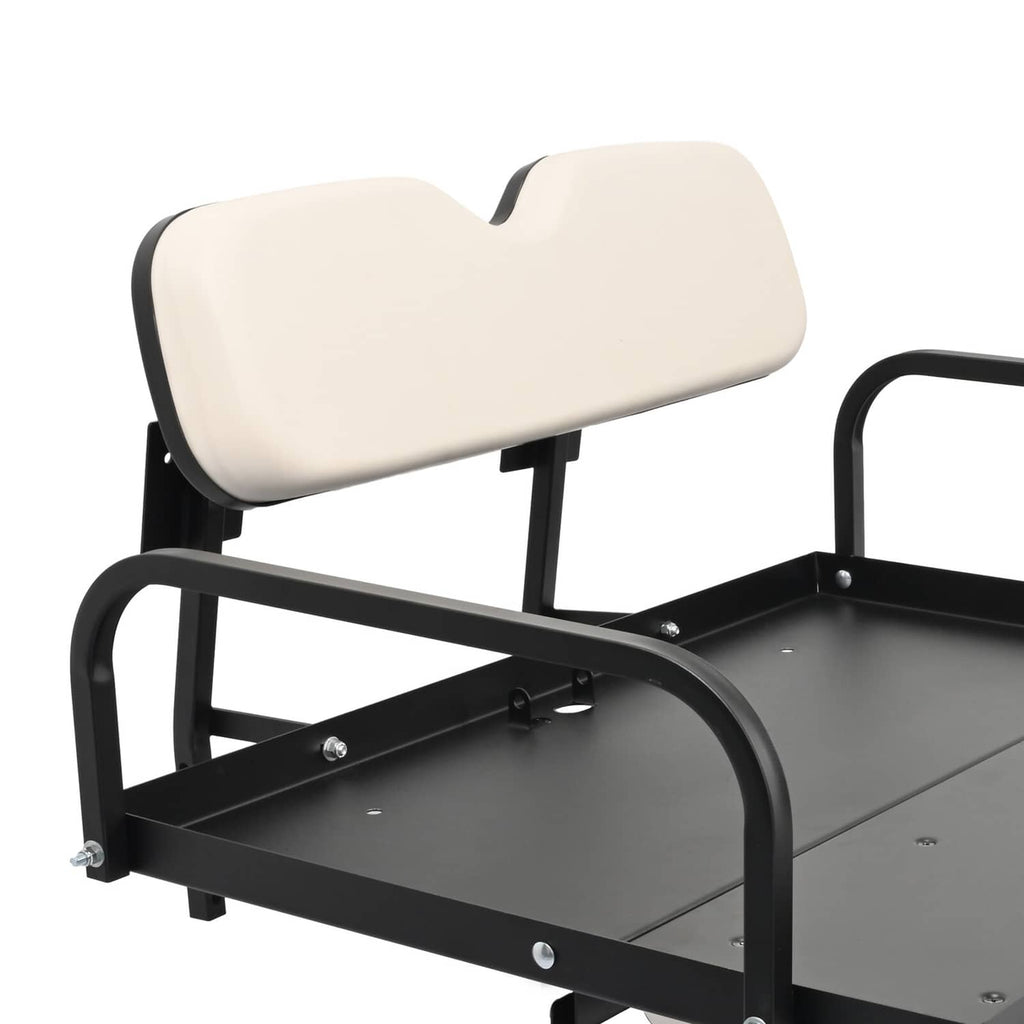 Rear flip back seat close-up showing off-white headrest pad and black support frame