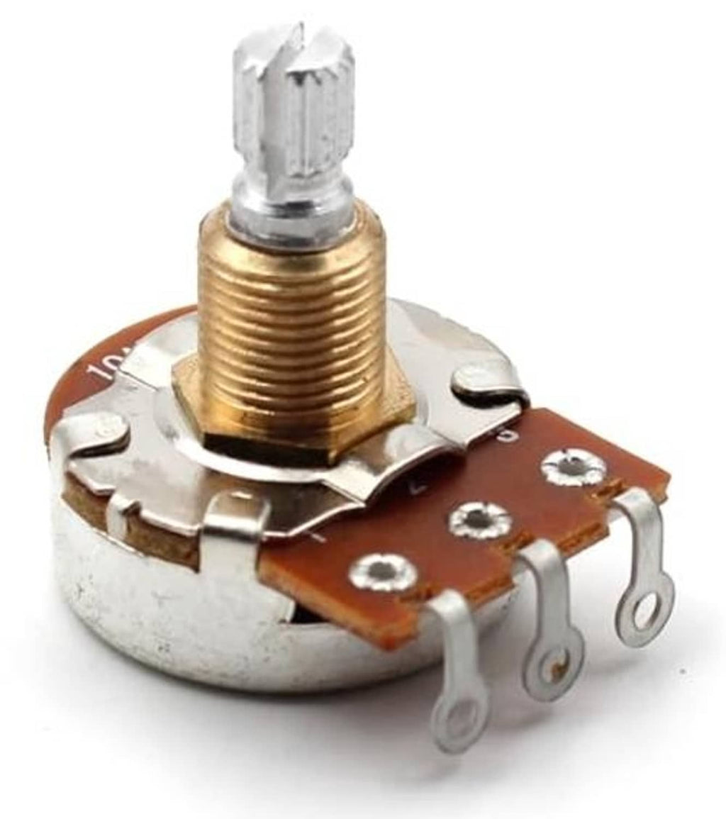 Potentiometer with short split shaft, threaded adjustment, and orange terminal board on metal base