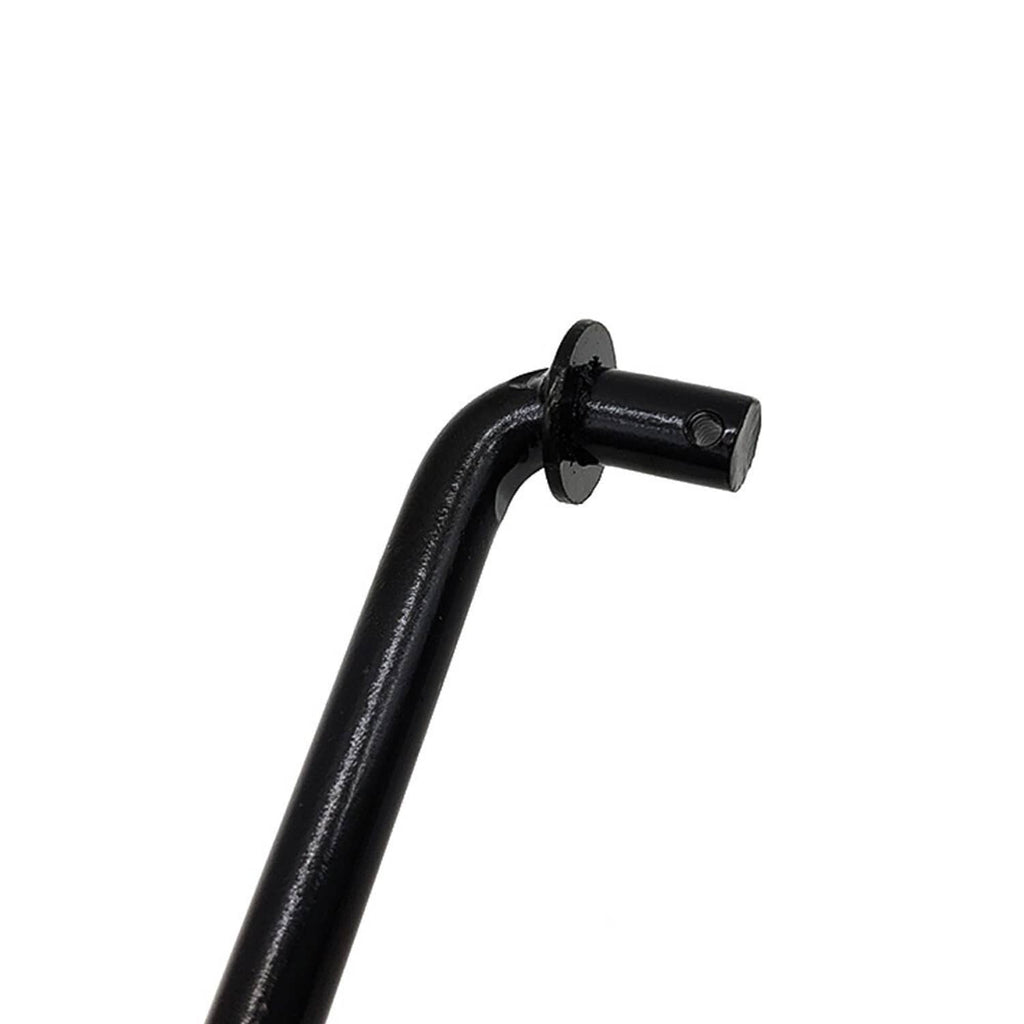 Curved black shifter linkage rod with rubber bushing and circular mounting plate