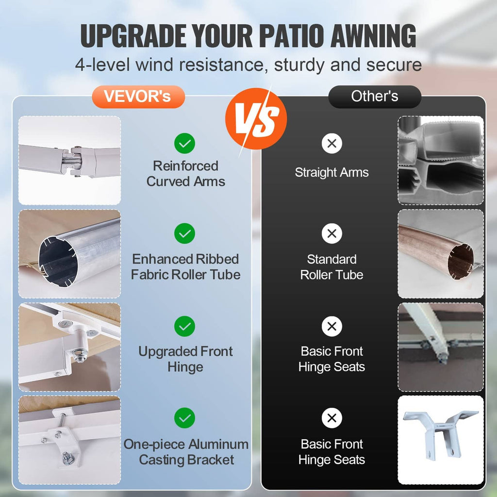 Retractable awning arm and roller tube comparison diagram with reinforced parts