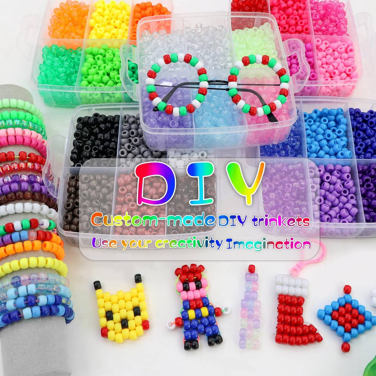 Clear pony bead storage box with multicolor beads for DIY projects