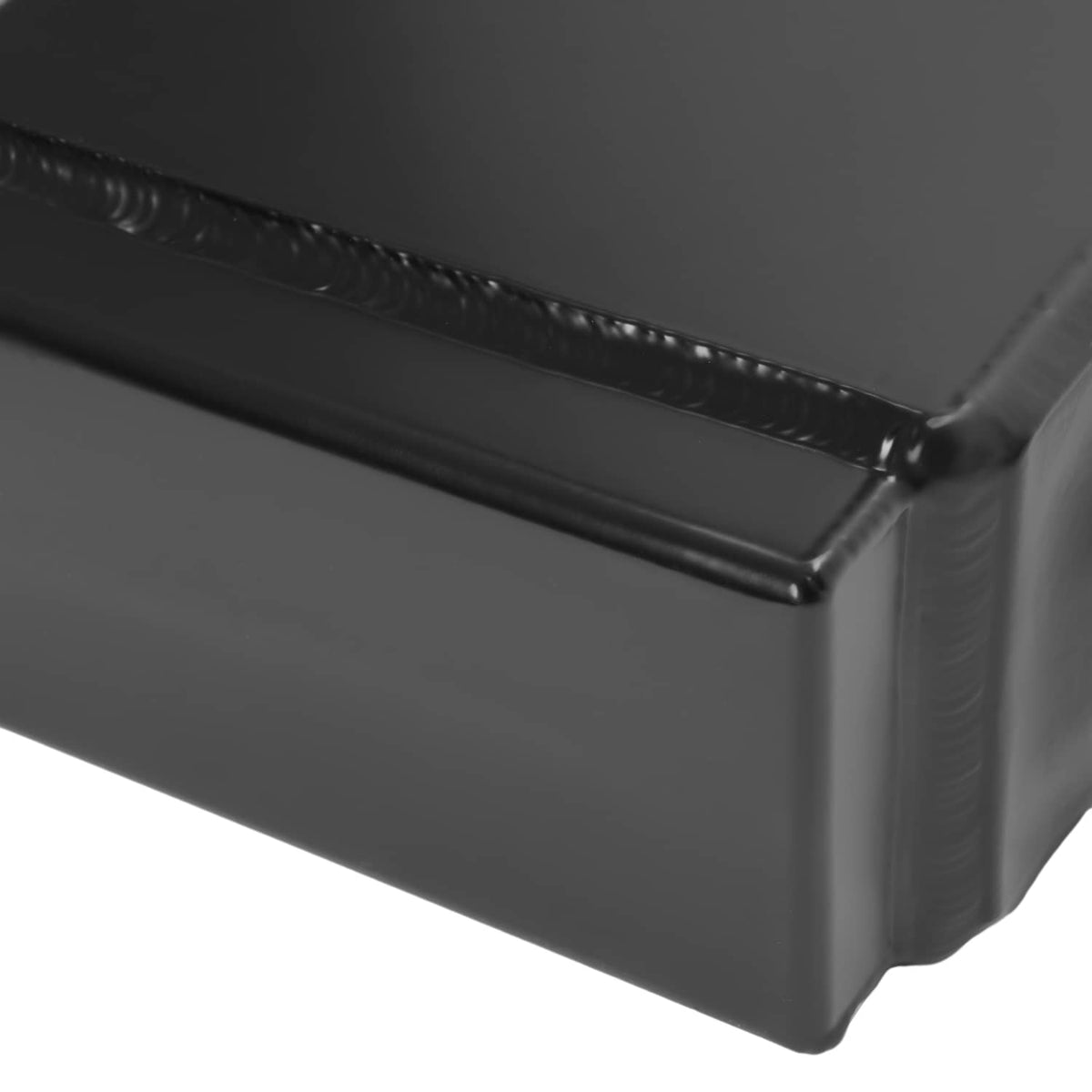 Water intercooler reservoir corner with textured black finish and seam detail