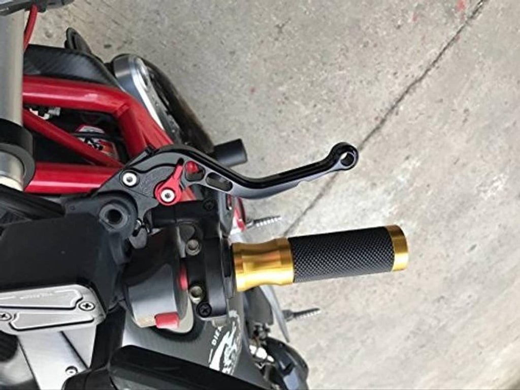 Installed black adjustable brake and clutch lever set on motorcycle handlebar