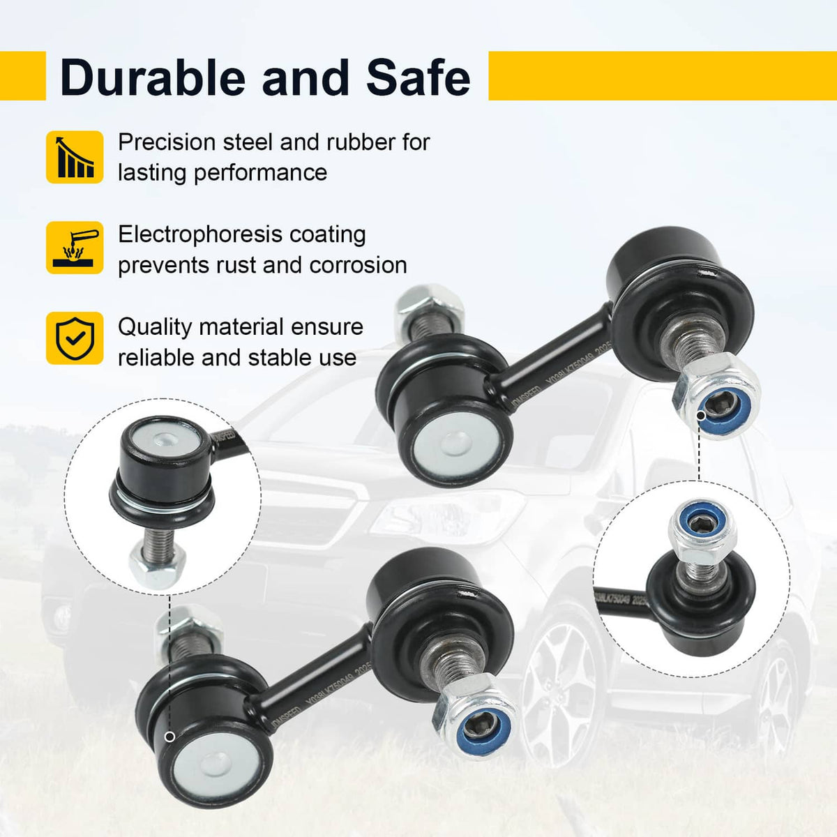 Black sway bar end links with white bushings, rubber boots, and silver threaded studs