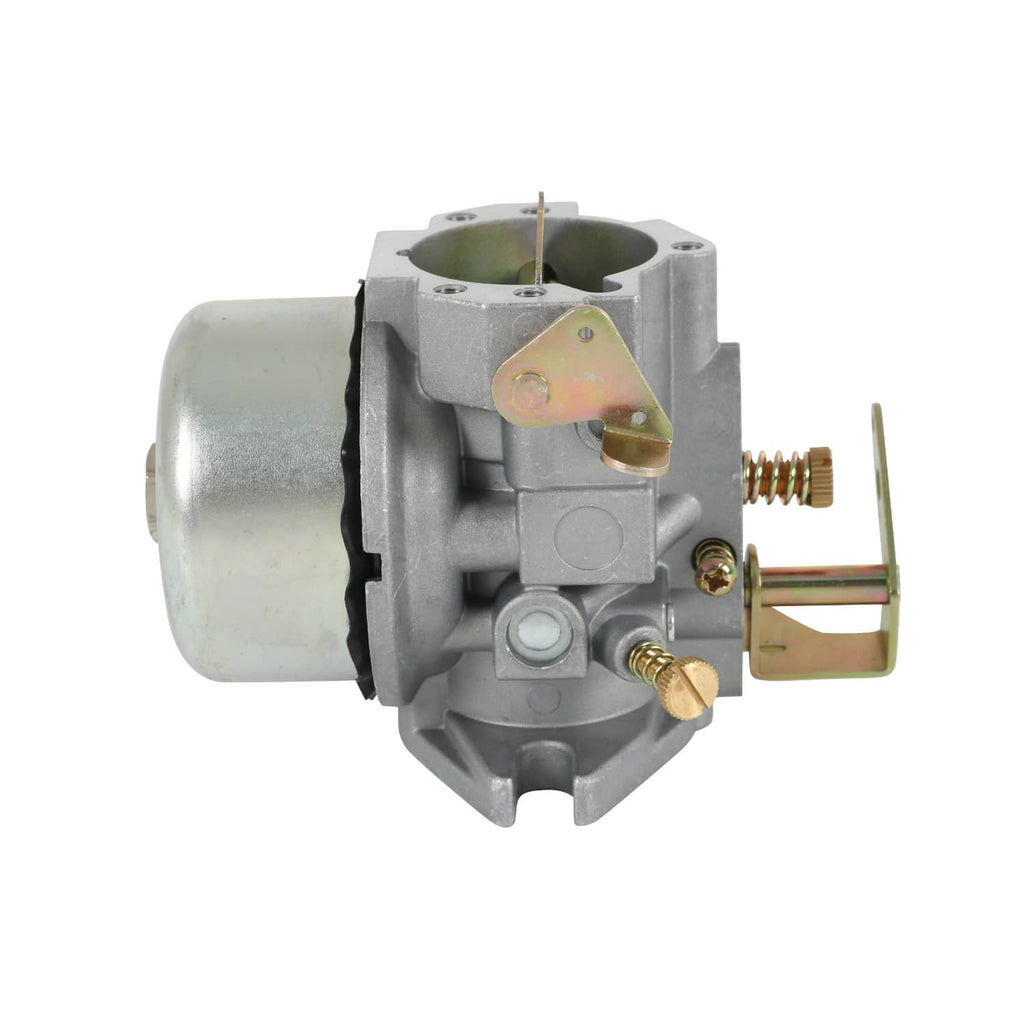 Carburetor with gray body, brass linkage, and vertical inlet opening