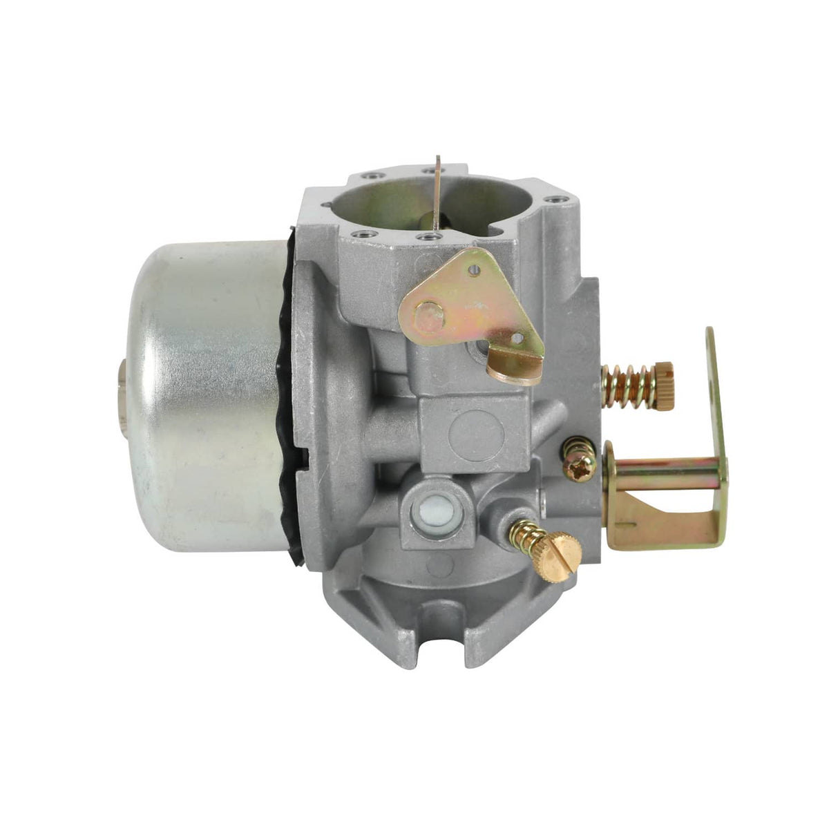 Carburetor with gray body, brass linkage, and vertical inlet opening