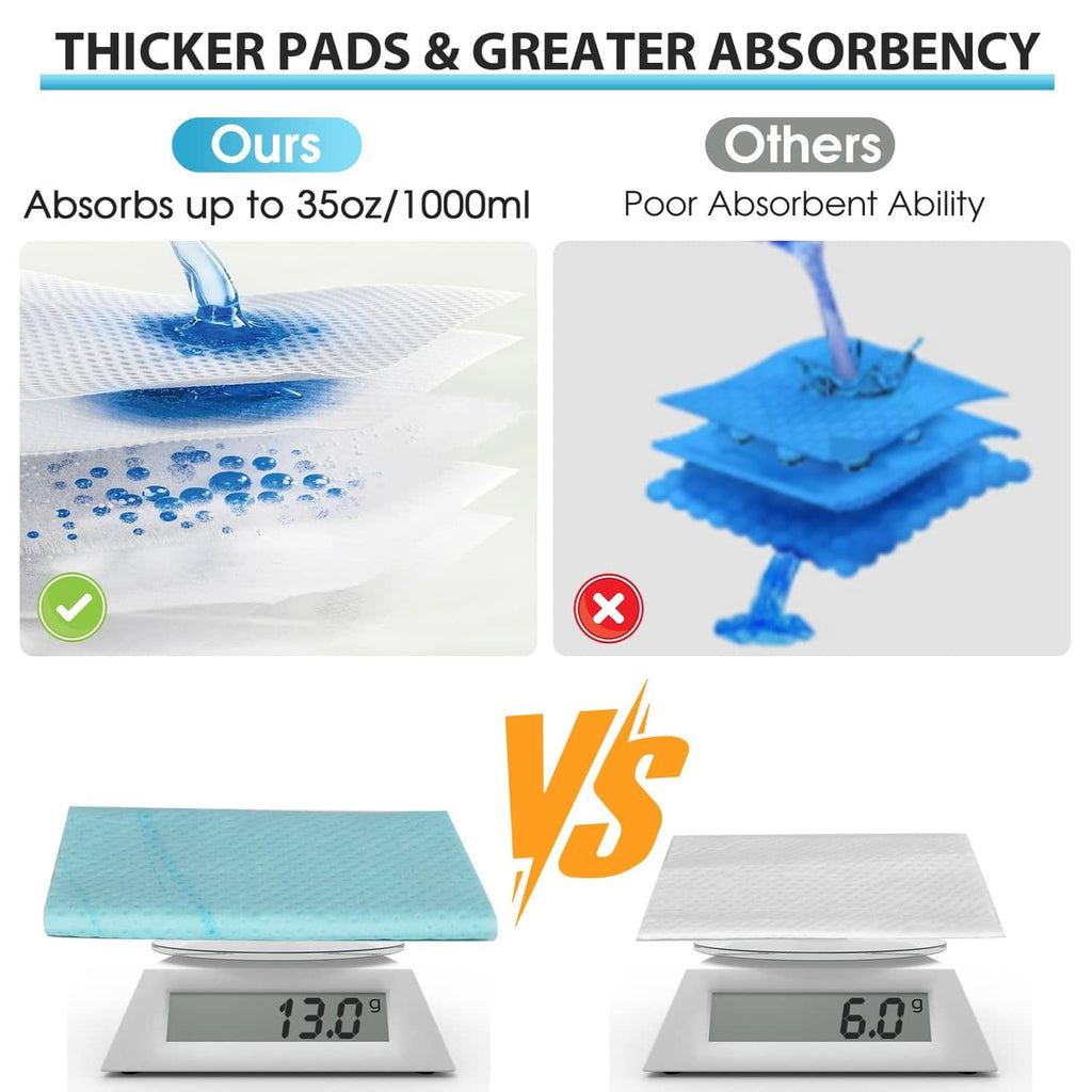Disposable urine bag absorbency pads comparison, thicker pad vs thinner pad shown