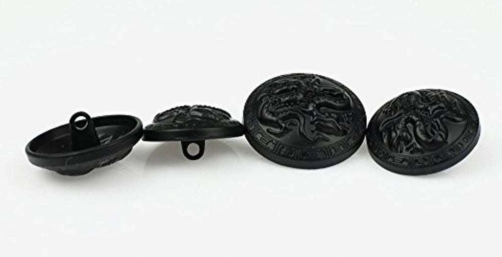 Round dark metal shank button backs with embossed dragon design, showing shanks