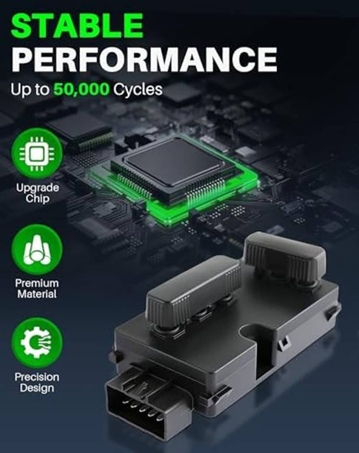 Seat adjustment switch module with exposed circuit board detail and chip