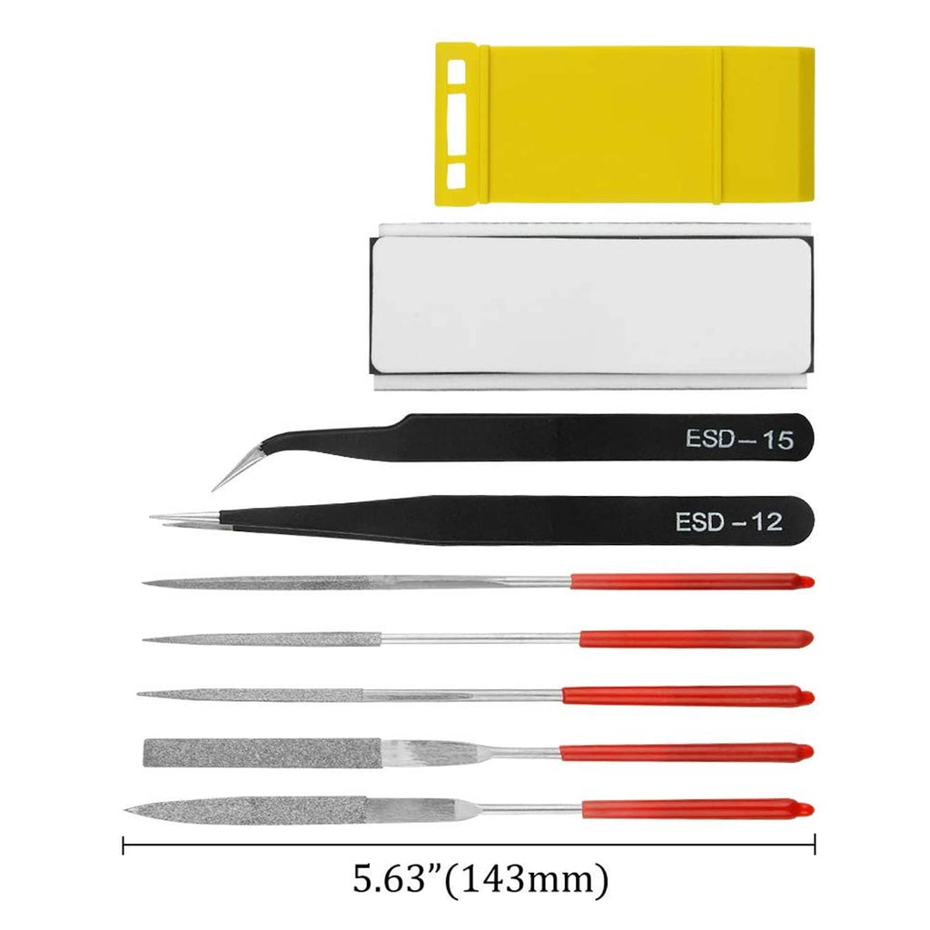 ESD tweezers set with red handles and sanding bars, shown with size labels