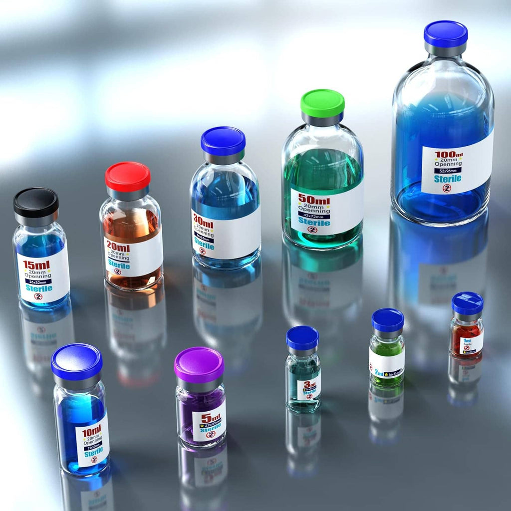 Set of sterile empty injection vials with self-healing ports and colored flip-off aluminum caps