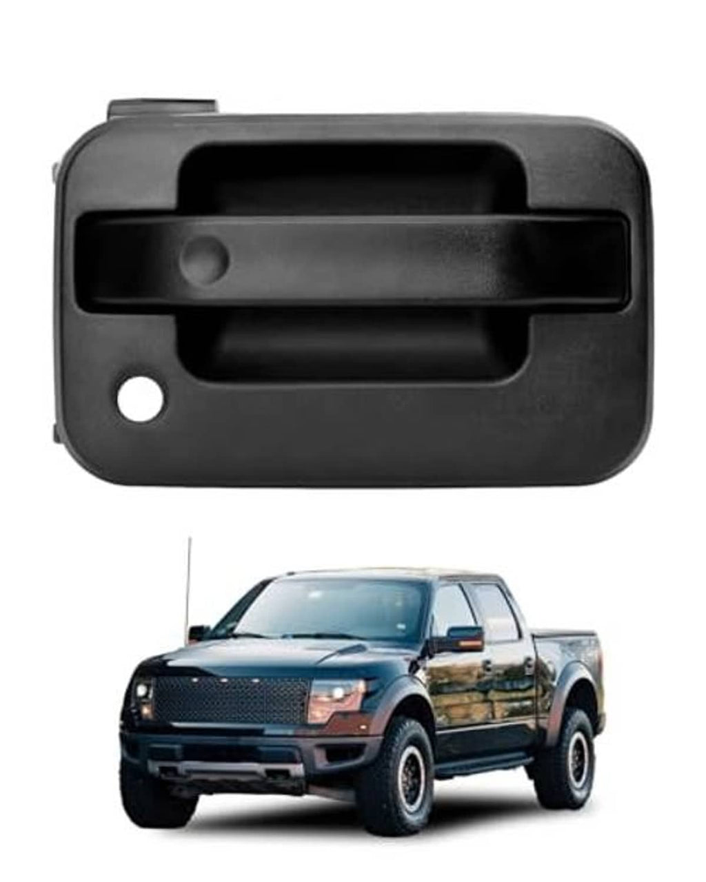 Exterior front door handle, matte black plastic housing with mounting hole