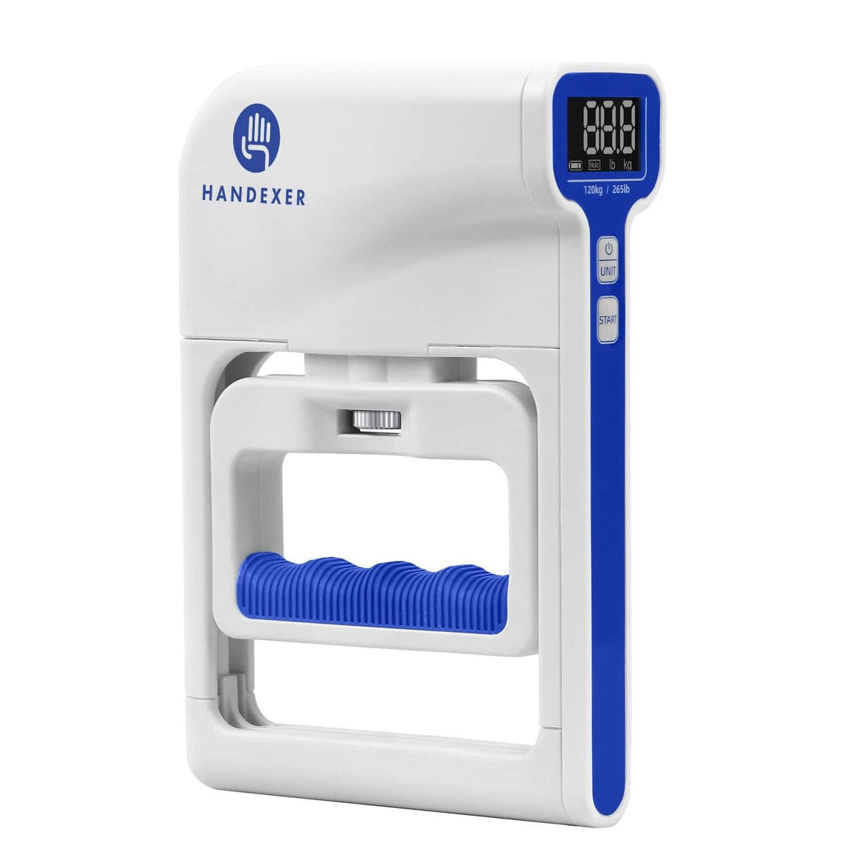 Digital grip strength tester with blue display and blue ergonomic hand grips, white body.