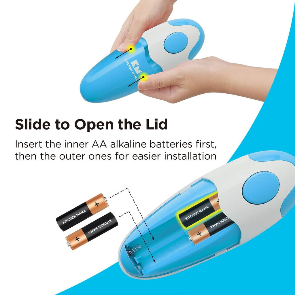 Kitchen can opener with battery compartment opened, sky blue and white handheld.