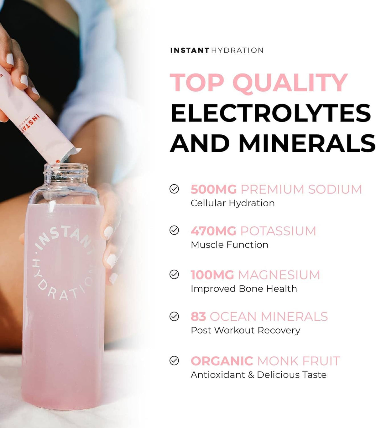 Watermelon electrolyte drink mix stick pack with pink bottle, Instant Hydration.