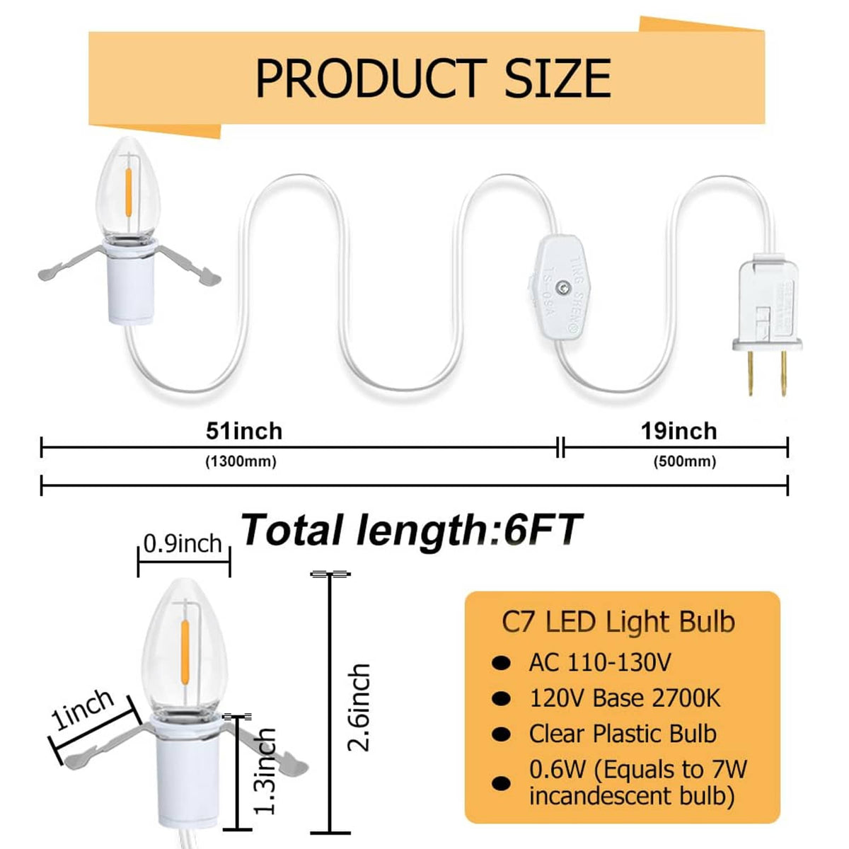 6 ft white C7 LED bulb lamp cord set with E12 sockets and measurement diagram.