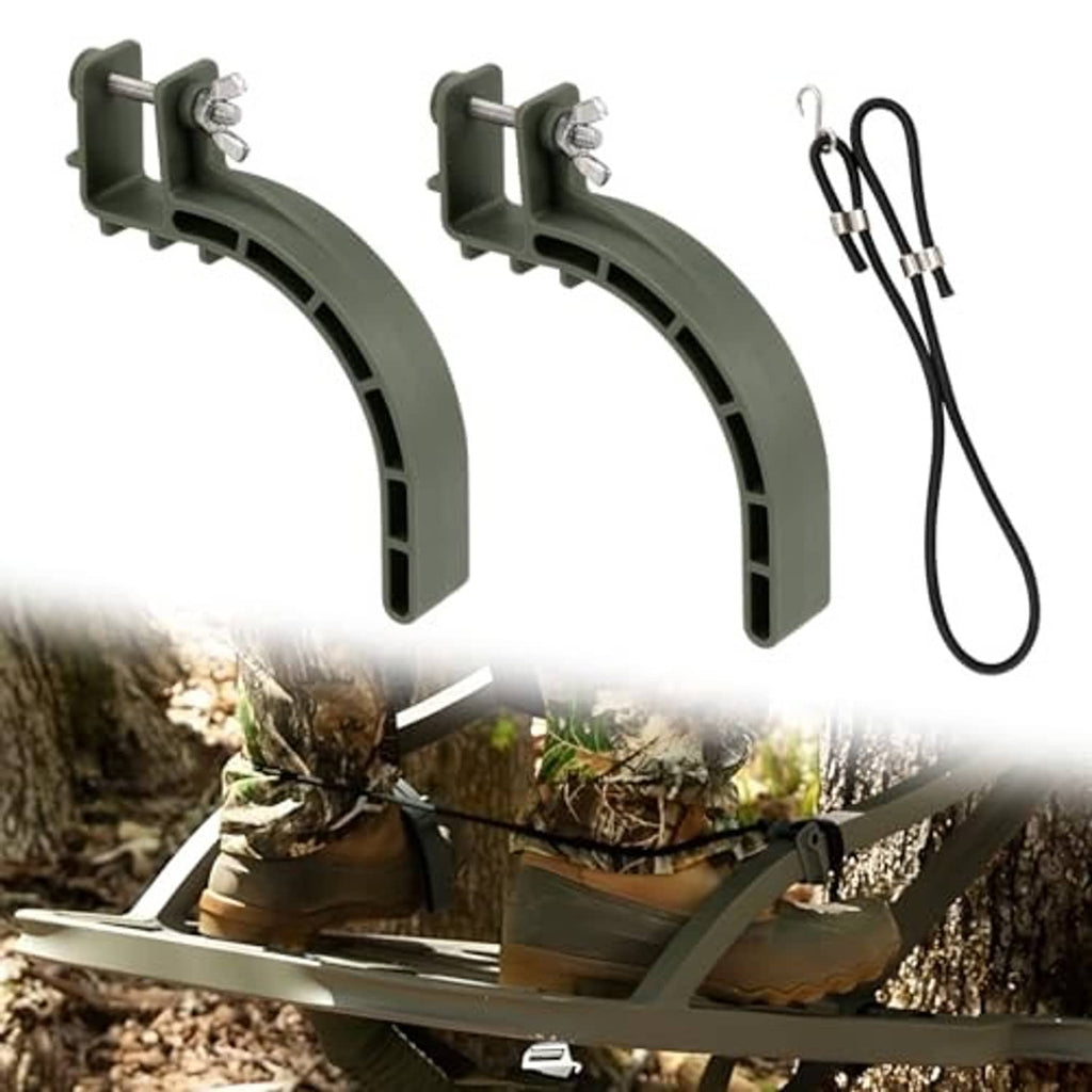 Gray tree stand climbing stirrups with brackets and black elastic rope