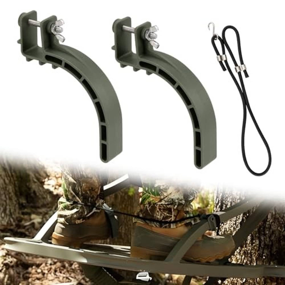 Gray tree stand climbing stirrups with brackets and black elastic rope