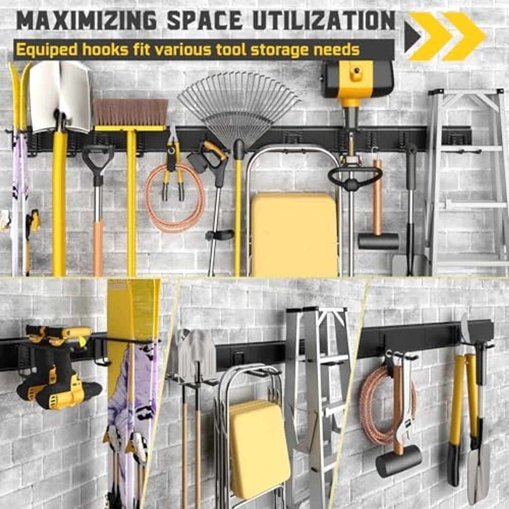 Garage wall tool organizer with hooks holding tools like shovels, rakes, and corded items