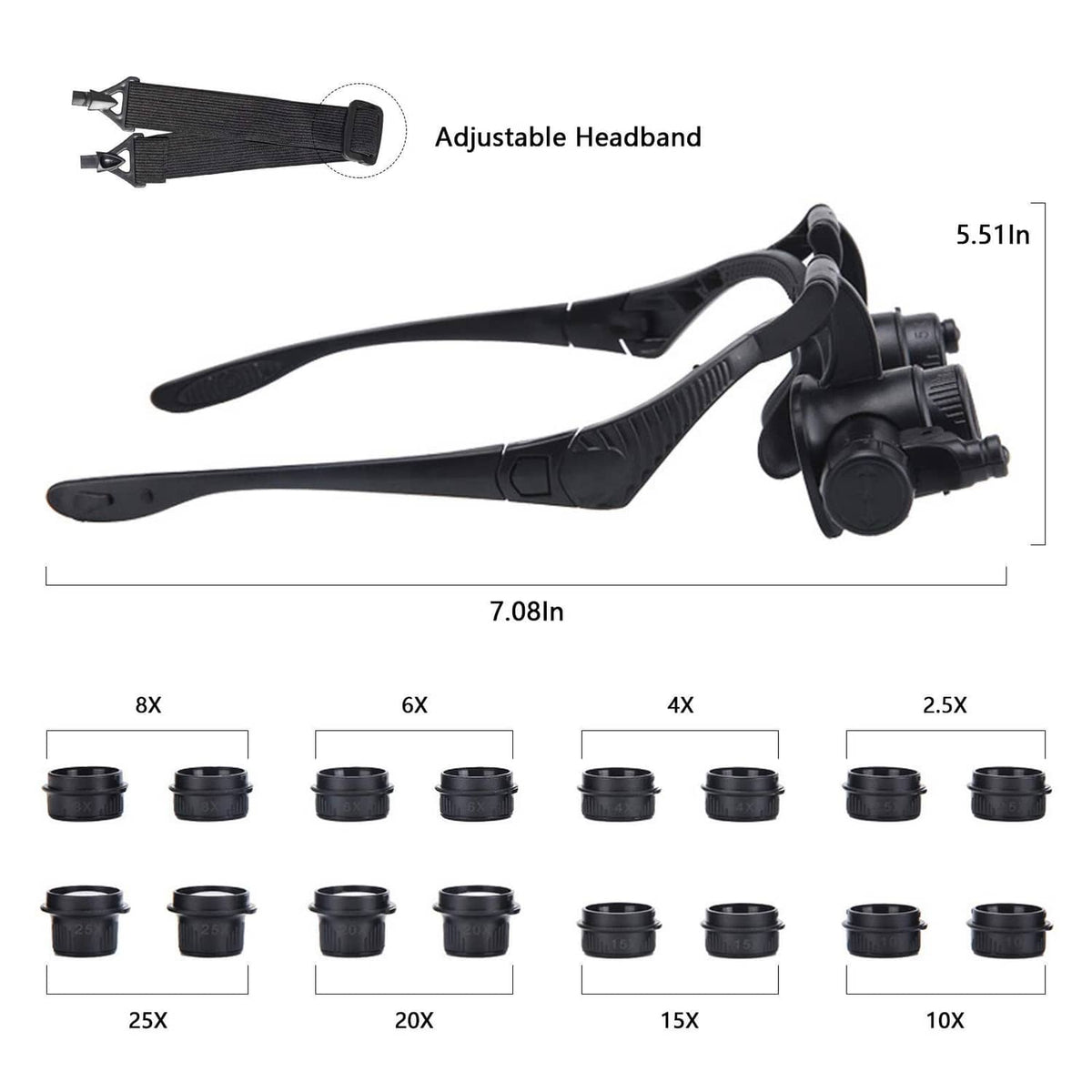Black adjustable LED magnifying headband with multiple interchangeable lens cups