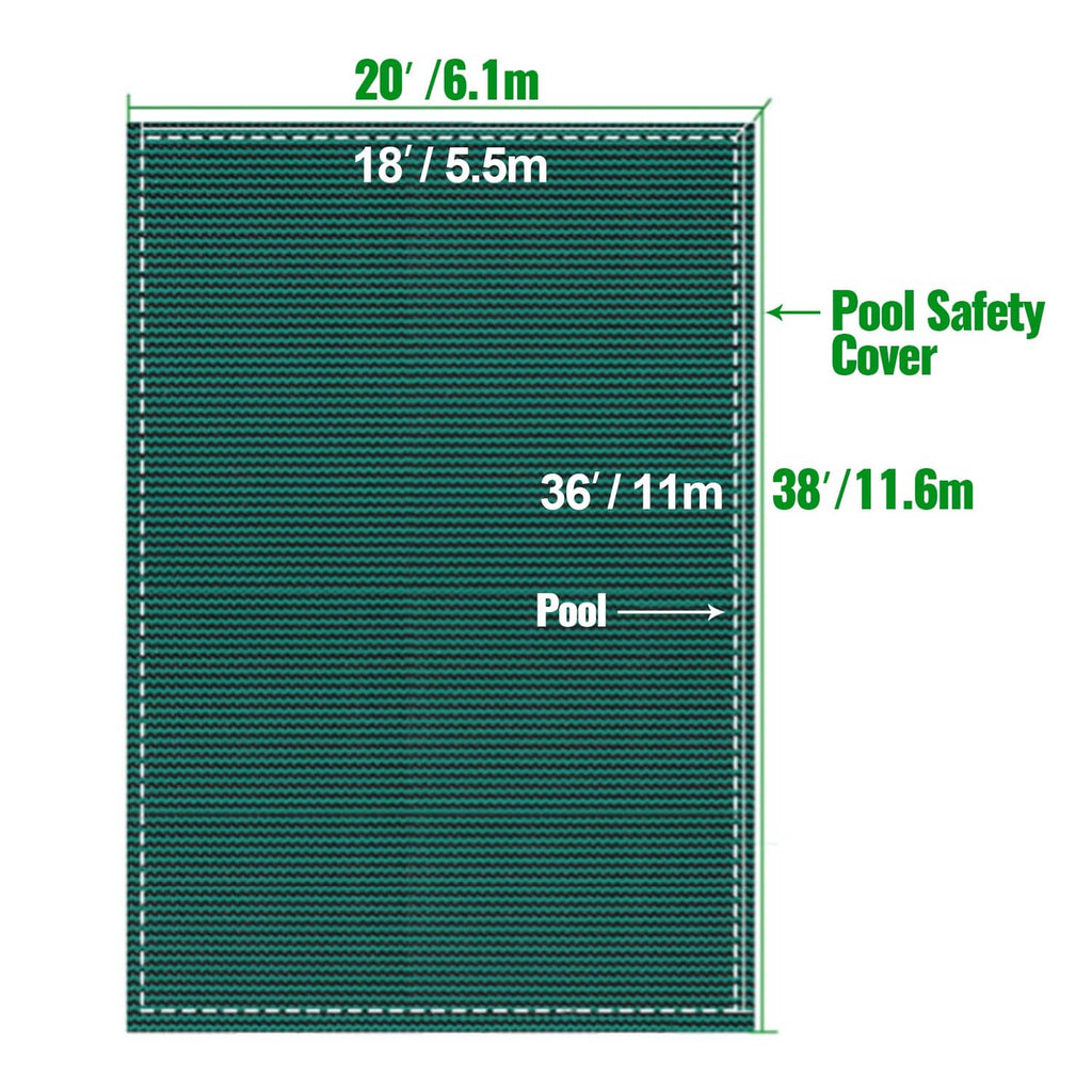 Green pool safety cover size diagram showing labeled pool and cover dimensions