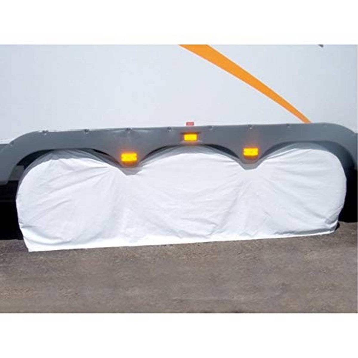 White wheel guard cover draped across triple-axle wheel, mounted on dark fender.