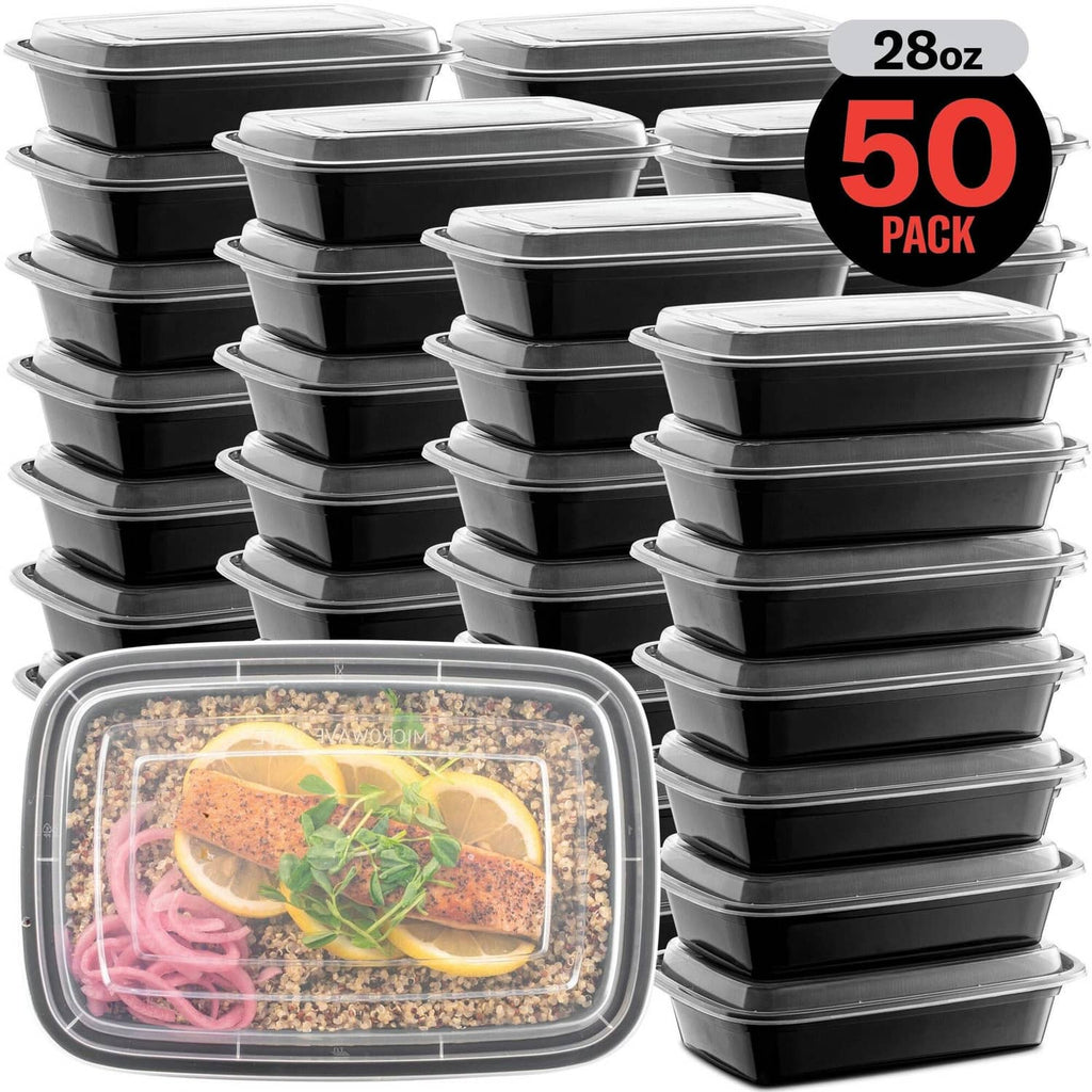 Stacked black meal prep containers with clear lids, 28 oz 50-pack with one filled