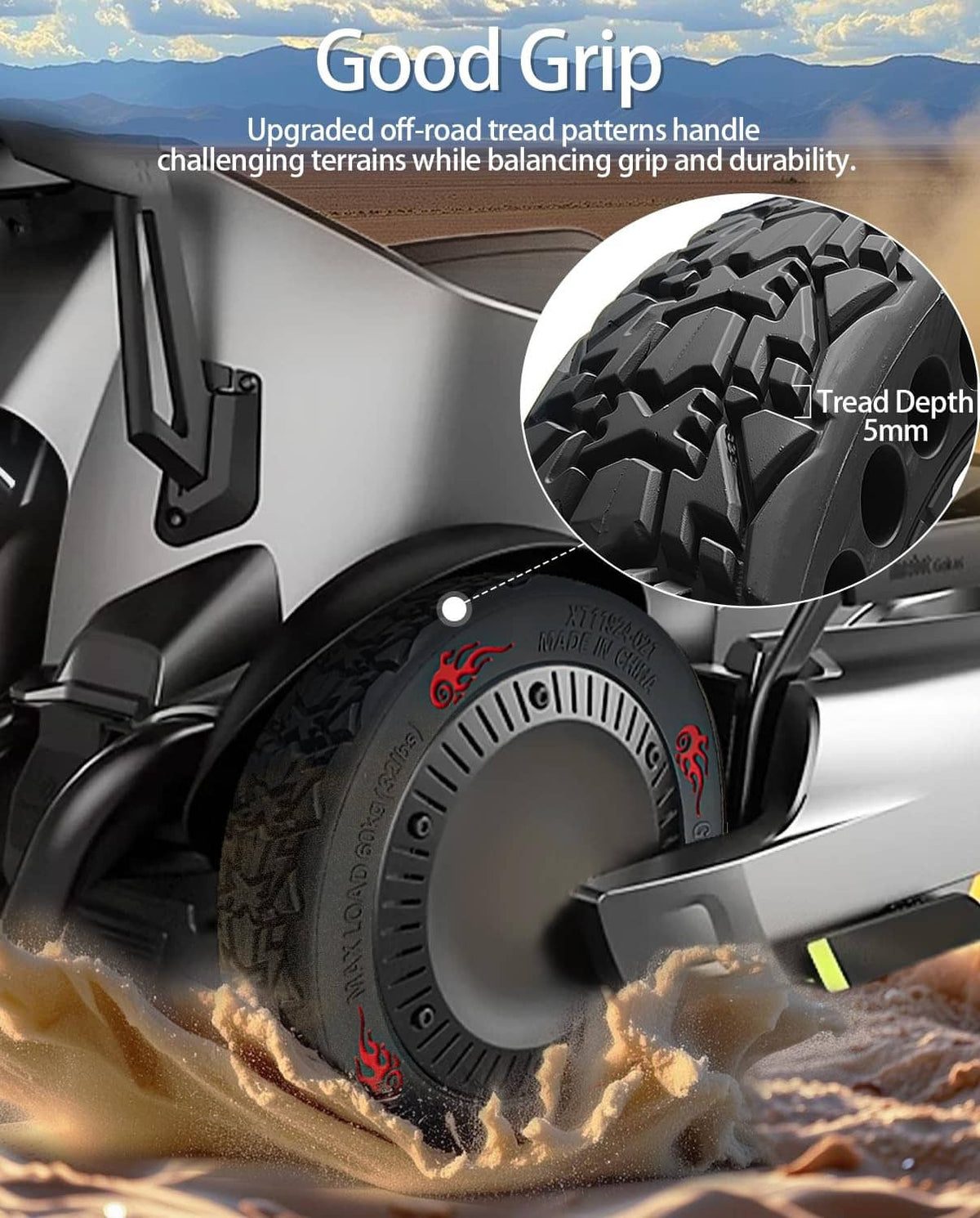 Black off-road go-kart tire with bold tread blocks and thick sidewall for grip.