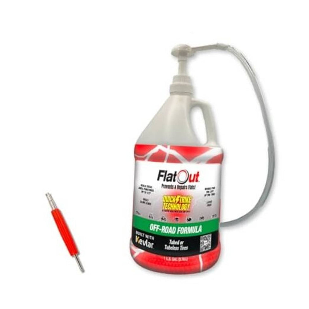 QuickStrike tire sealant bottle with red/white label and attached clear hose