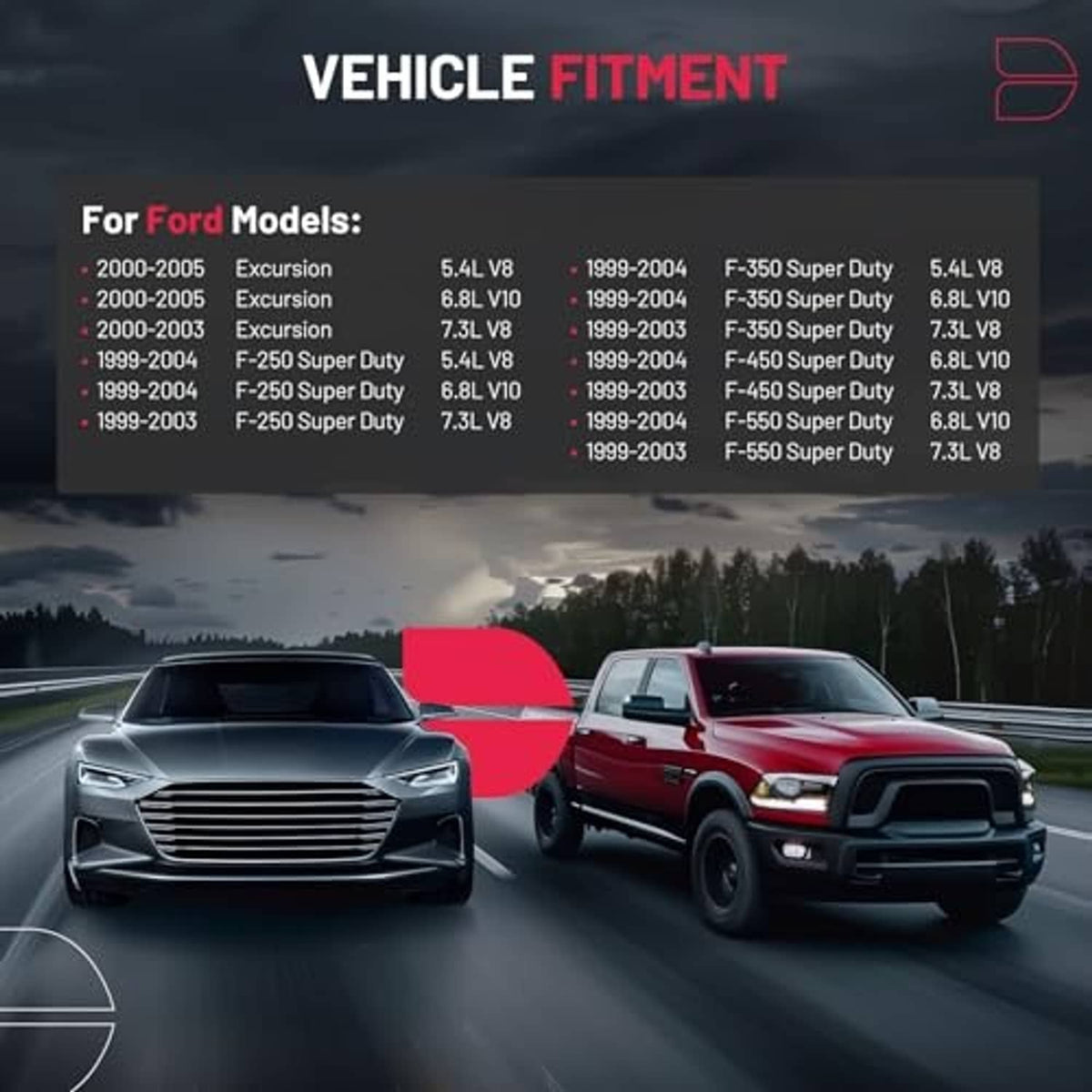 Vehicle fitment graphic with cars and red arrow overlay for compatible models